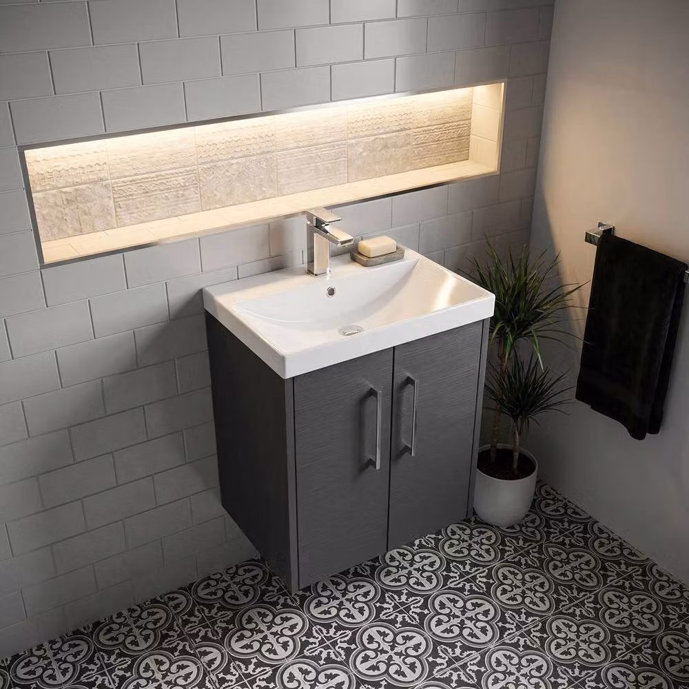 Balterley Winshill 2 Door Bathroom Vanity Unit with Thin Edge Basin in Dark Grey Woodgrain W: 50 cm, D: 58.9 cm, H: 50 cm – 2