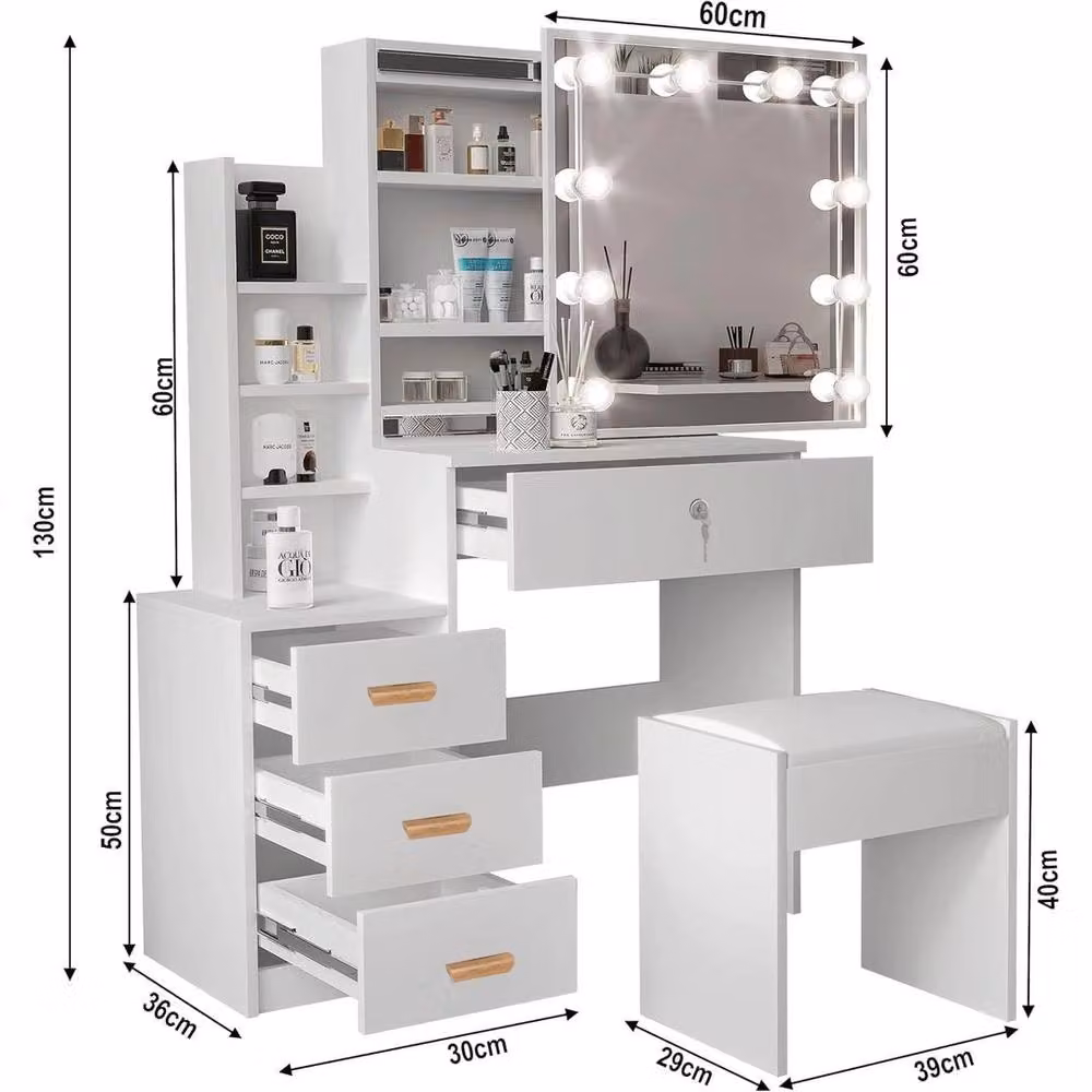 FORGEVIO Modern White Dressing Table Set with Hollywood LED Mirror and Stool – 2