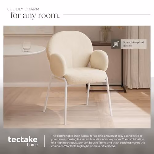 tectake Set of 6 Scandinavian Style Dining Chairs with Armrests and Bouclé Cover in Beige, W/D/H: 61.5 x 61.5 x 90 cm – 3