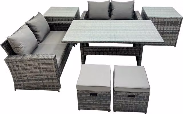 Fimous 6 Seater Outdoor Dining Set with Double Seat Sofa, 2 Side Tables and 2 Stools in Dark Grey