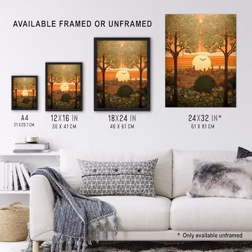 Artery8 Art Nouveau Autumn Village Sunset Unframed Paper Wall Art Print Poster, Multicolour, W: 30.5 cm, H: 40.5 cm – 3