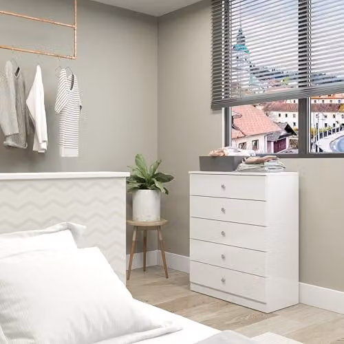 Seconique Denver 5 Drawer Chest in White Gloss, W/D/H: 75 x 36 x 90 cm