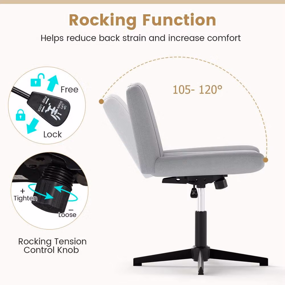 Costway Grey Fabric Height Adjustable Swivel Task Chair with 120 Degree Rocking Function – 3