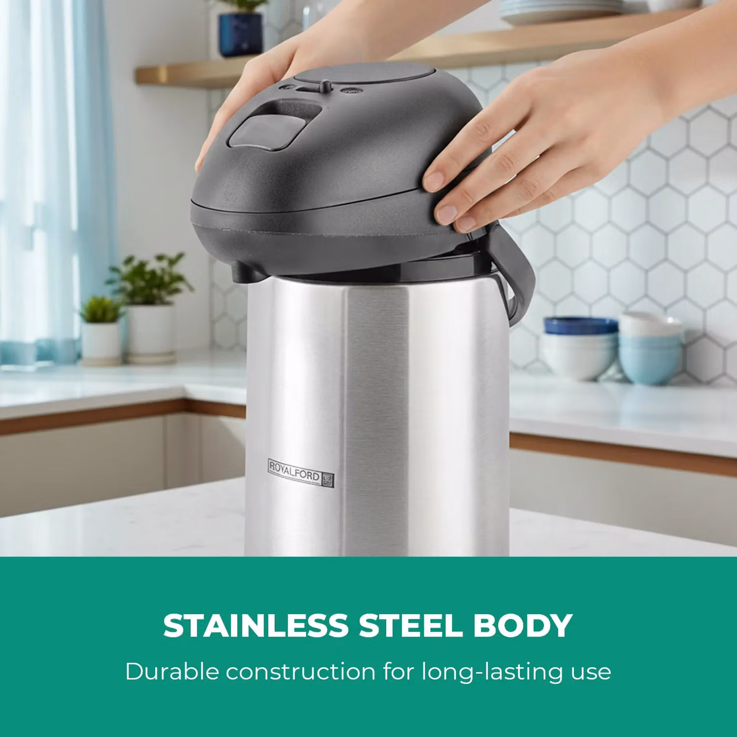 Royalford Silver Stainless Steel Vacuum Insulated Airpot Coffee and Tea Dispenser with Pump and Safety Lock, 4L – 6