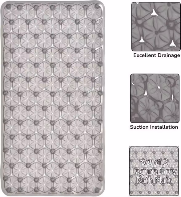 Showerdrape Laguna Anti Slip PVC Bath Mat Set of 2, Grey, W: 68 cm, D: 37 cm – 1