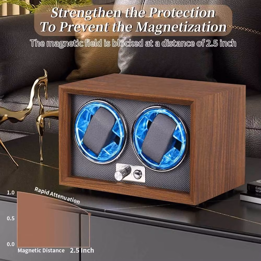 VOGREX LED Automatic Watch Winder with 2 Slots and Soft Pillows in Brown – 2