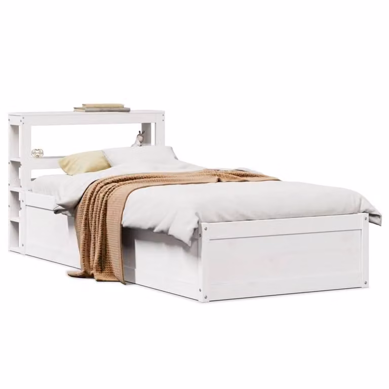 Berkfield Home Sleek Small Single Solid Wood Bed Frame with Headboard and Bedside Shelf, White, W/D/H: 190 x 75 x 81.5 cm