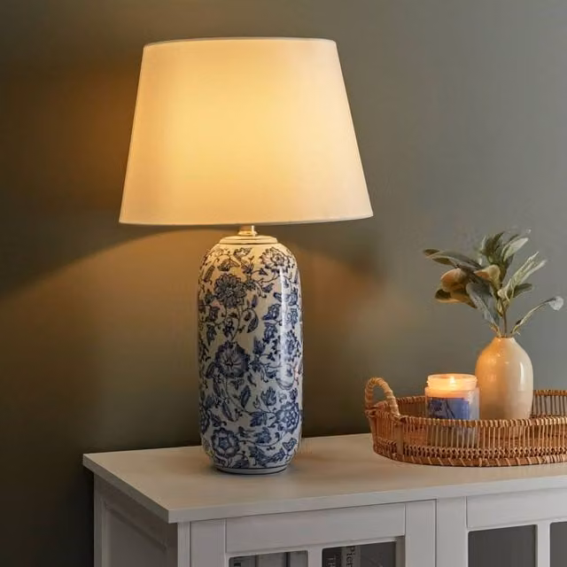 Wyld and Coco Blue Floral Ceramic Table Lamp with White Fabric Shade