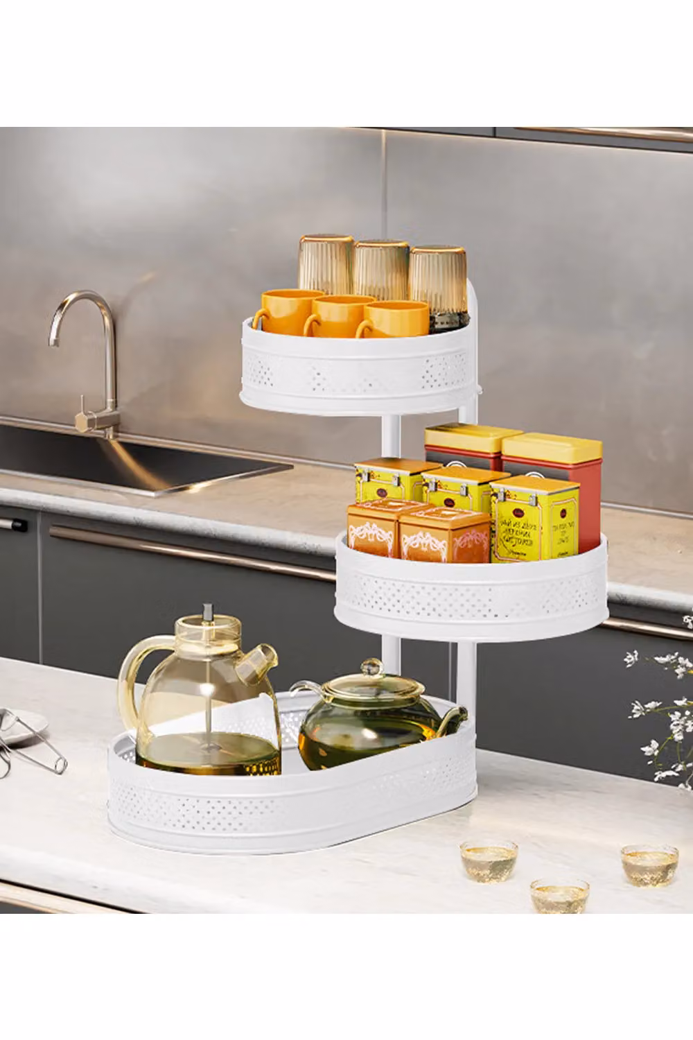 Livingandhome 3-Tier Rotating Metal Spice Rack and Desktop Storage Shelf in White – 2