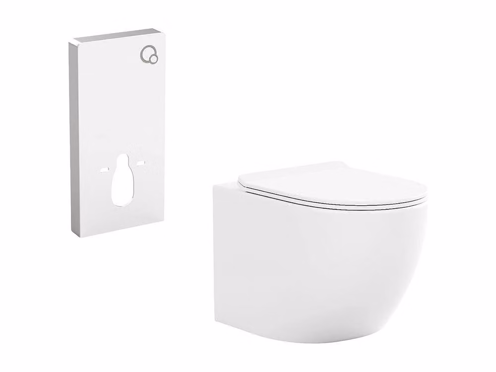 Vente-unique Wall-Mounted Ceramic Toilet Pack with Decorative Support Frame in White High-Gloss Finish – 2