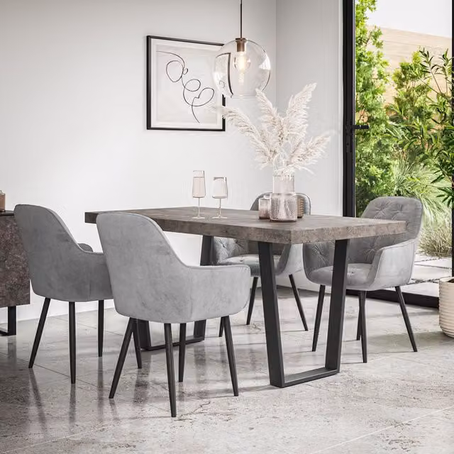 More4Homes Aria Dining Table and Anika Velvet Dining Chair Set, Concrete Effect Table Top with Black Legs and 4 Grey Chairs, W/D/H: 160 x 80 x 76 cm – 1