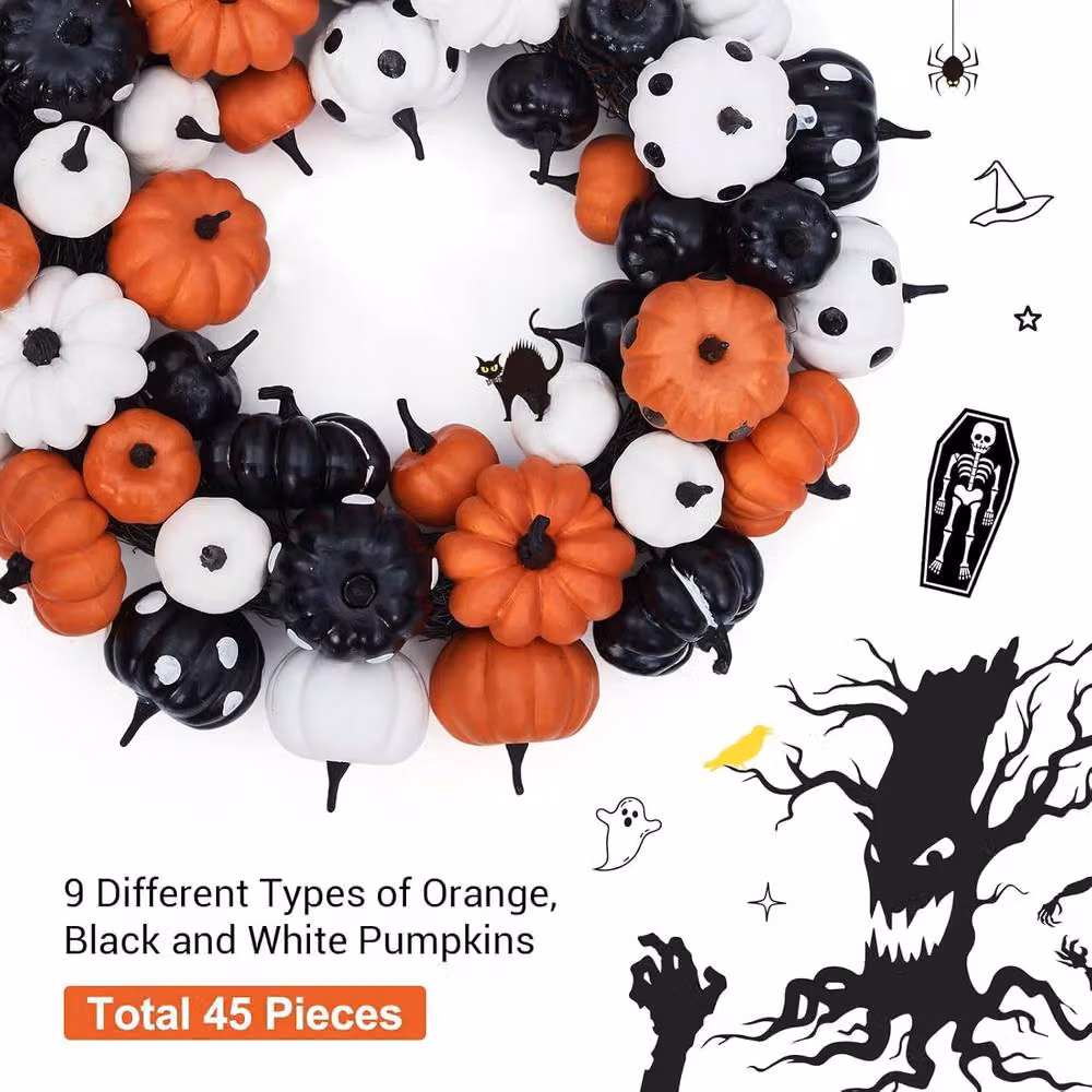 London Boutique Halloween Pumpkin Rattan Wreath in Orange, Black and White, Diameter: 45.72 cm – 4