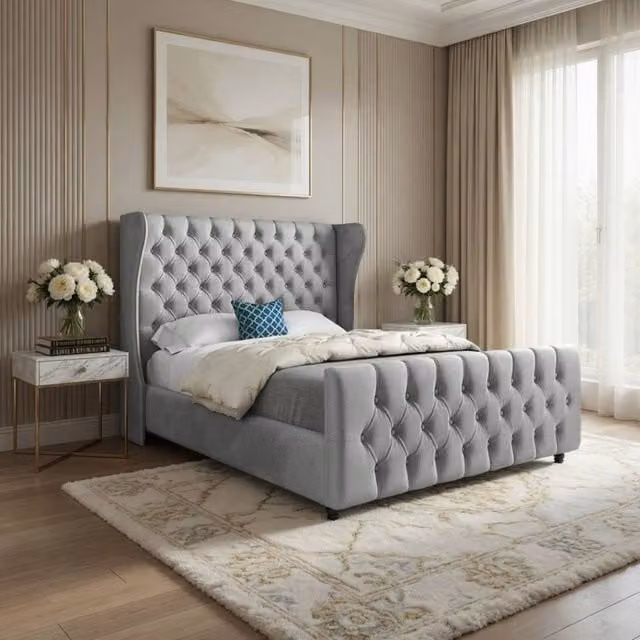 Casani Horning Grey Velvet Upholstered Designer Bed Frame, W/D/H: 137 x 120 x 200 cm – 1