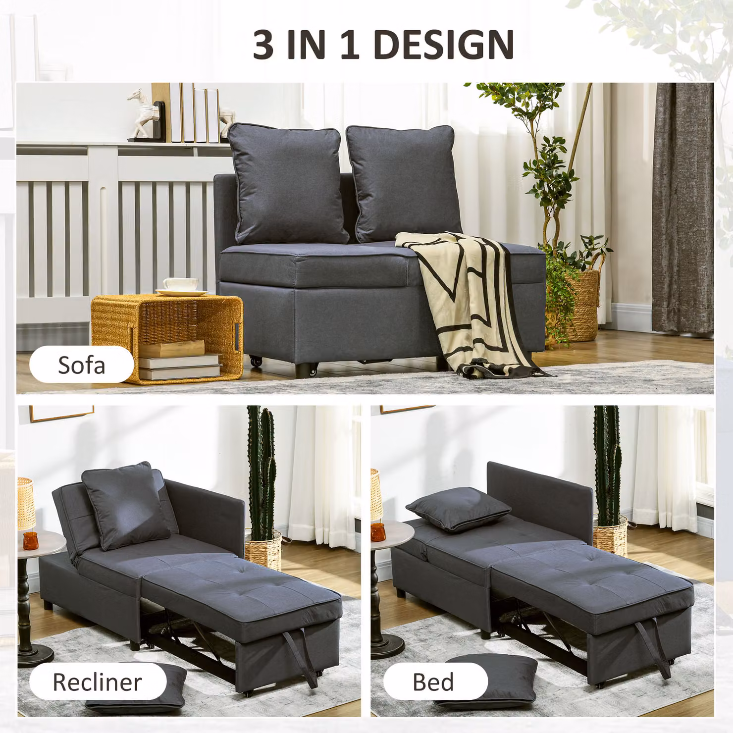 HOMCOM 3-in-1 Single Sofa Bed with 5-Position Adjustable Back and Removable Washable Pillow, Grey – 4