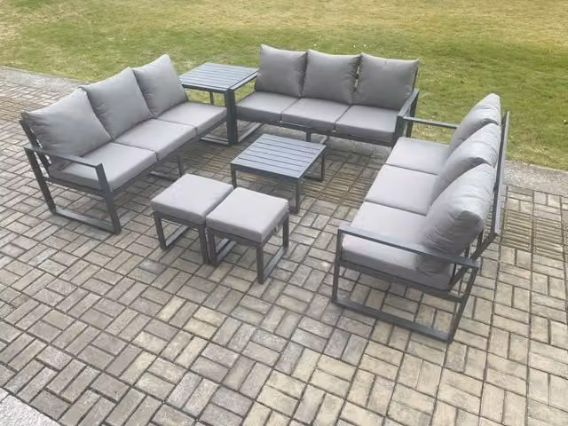 Fimous 11 Seater Grey Powder Coated Aluminium Outdoor Garden Furniture Set with U-Shape Sofa, Coffee Table and Footstools