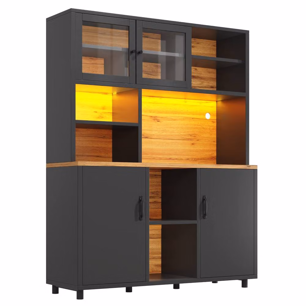 ModernLuxe Black Matt Kitchen Tall Unit with Integrated LED Lighting and Glass Sliding Doors, H 185.0 x W 40.0 x D 40.0 cm – 5