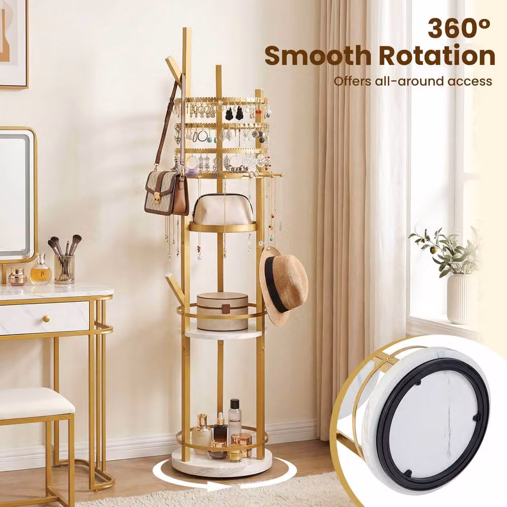 Costway Rotating Gold Metal Jewelry Stand and Display Tower with Earring and Necklace Holder – 3