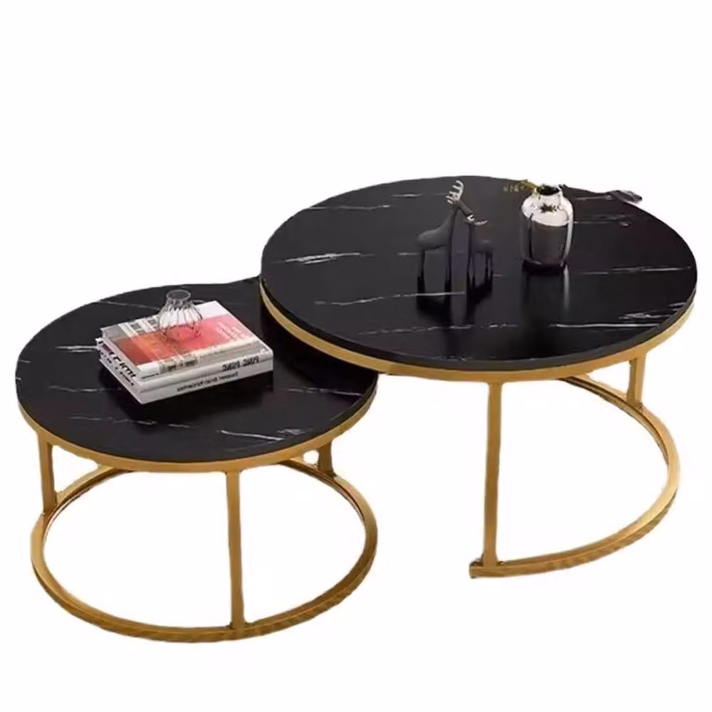 FORGEVIO Set of 2 Round Nesting Coffee Tables with Black Marble Tops and Metal Sled Base – 2