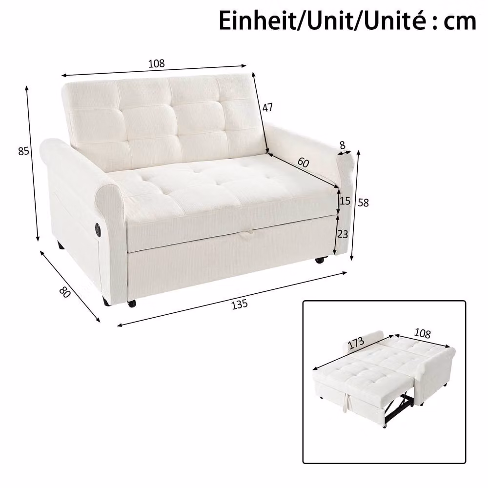 Merax 2-Seater Convertible Chenille Sofa Bed with USB Ports in Beige, W/D/H: 135 x 173 cm – 2