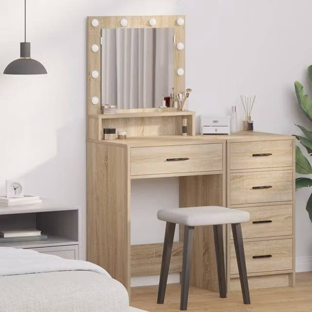 Berkfield Home Modern Makeup Table with Hollywood LED Lights in Sonoma Oak and Beige, W: 50 cm, D: 41 cm, H: 135 cm – 1