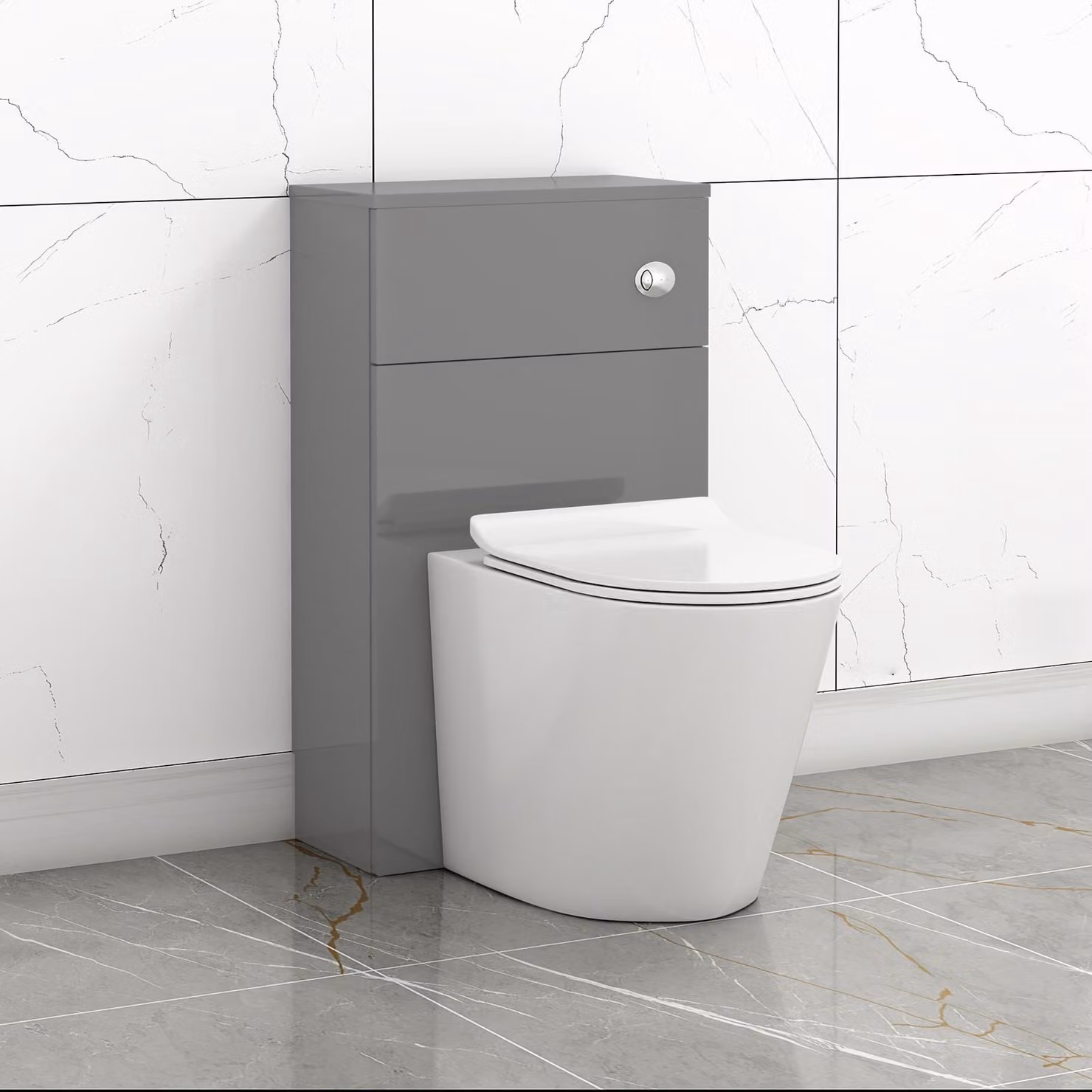 Royal Bathrooms Grey Gloss 500mm Wall Mounted WC Toilet Unit with Cesar Rimless Ceramic BTW Pan, Soft Close Seat and Cistern