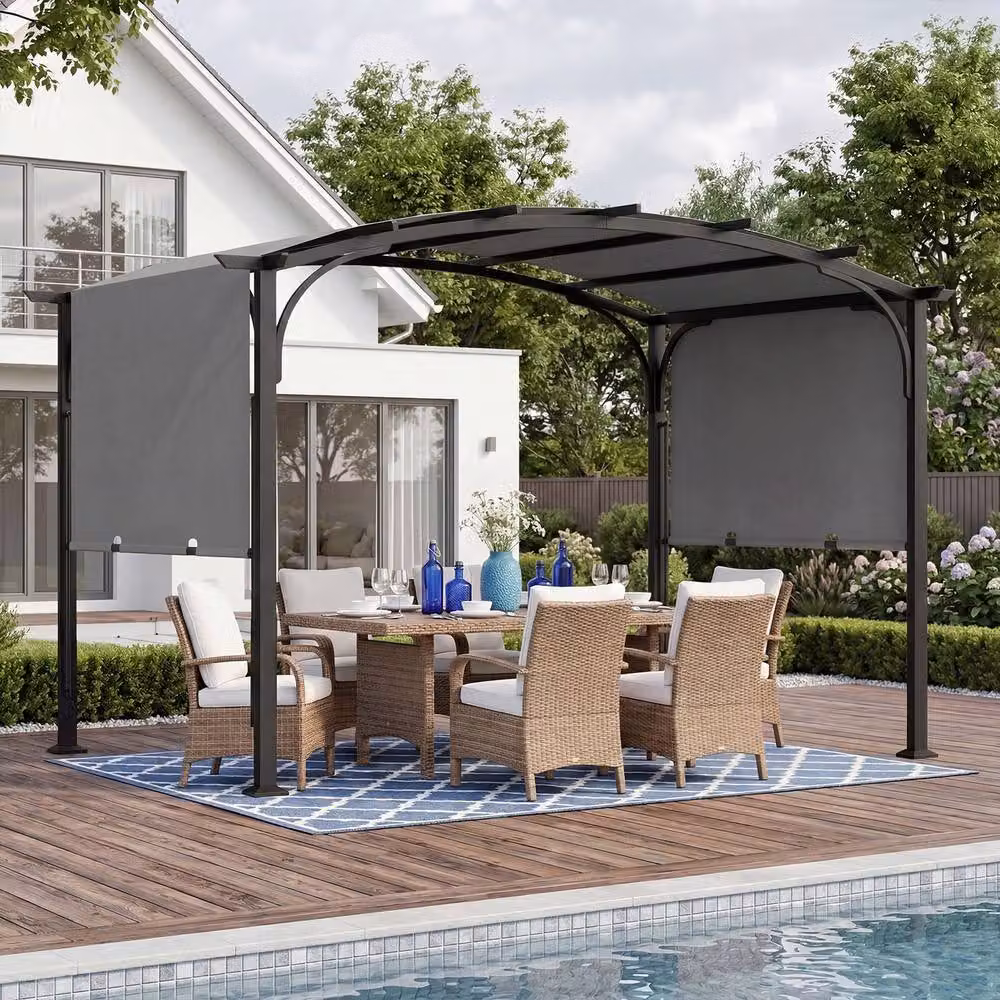 Gymax Retractable Arched Garden Pergola with Grey Canopy – 6