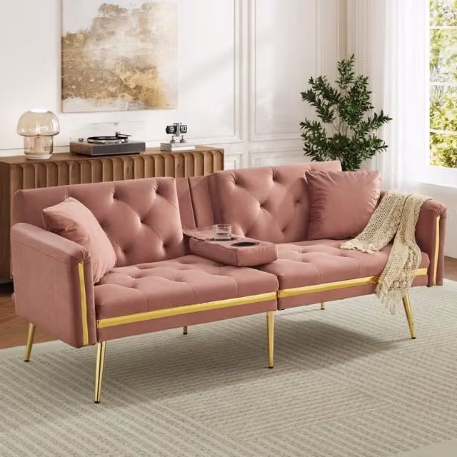 Aosom UK Pink Velvet Two-Seater Convertible Sofa Bed with Adjustable Backrest and Cup Holders, W/D/H: 174 x 76 x 71.5 cm