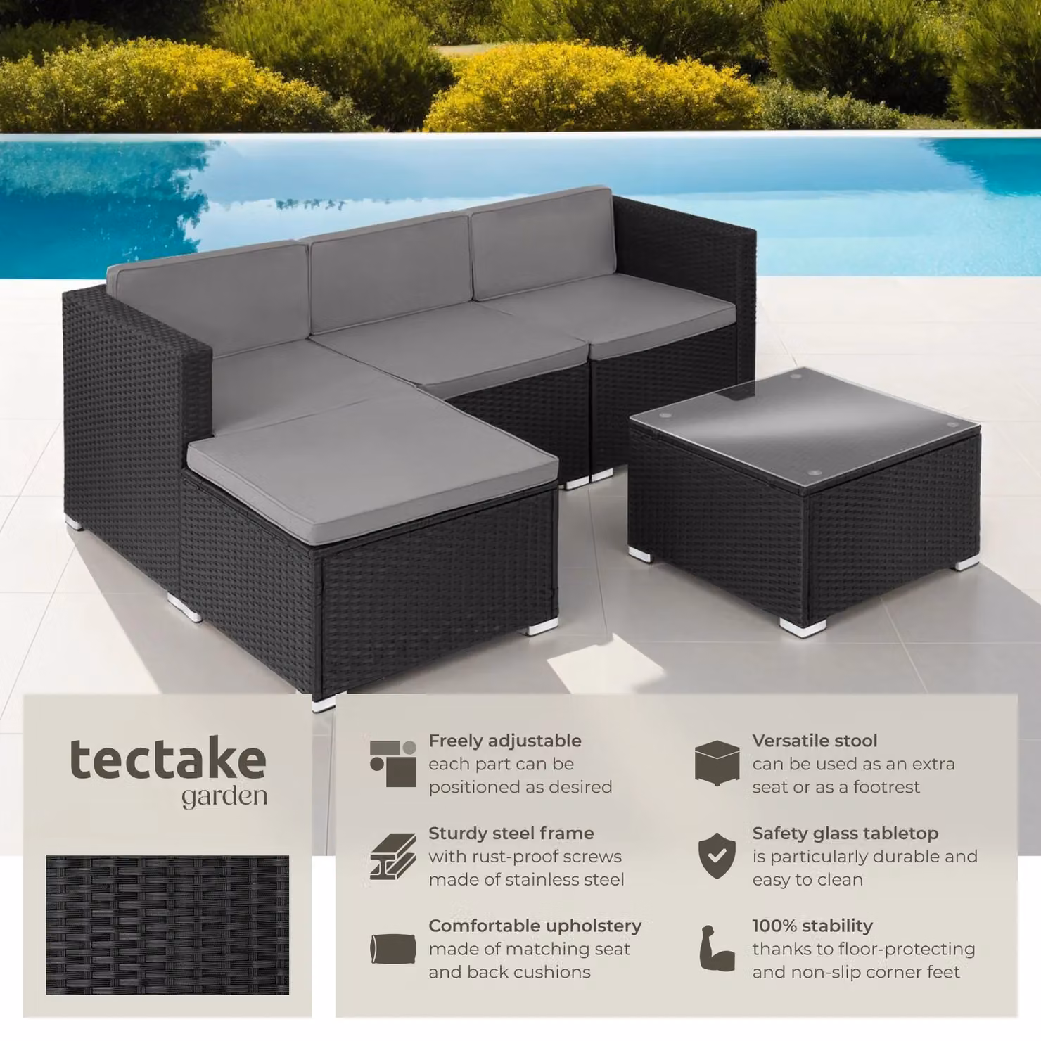 tectake Lignano Garden Furniture Set with Upholstered Cushions and Coffee Table in Black and Grey Polyrattan for 4 Adults – 2