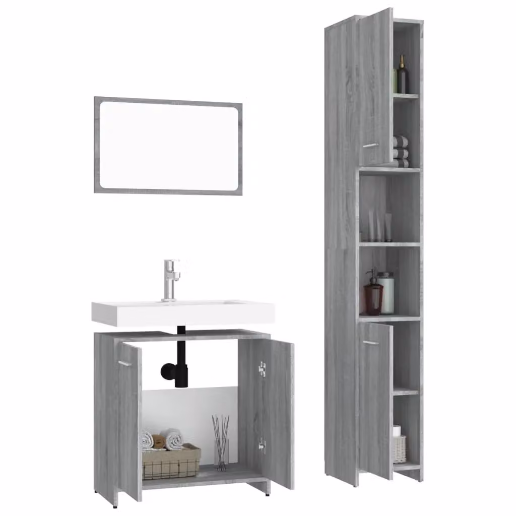 Berkfield Home 3 Piece Modern Grey Bathroom Furniture Set with Mirror Cabinet and Vanity Unit – 2