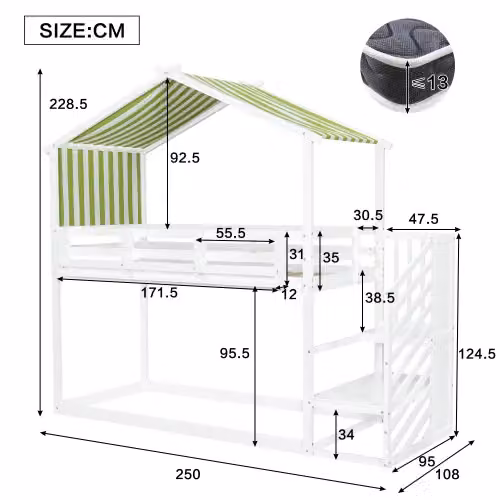 Matteo Double Bunk Bed with Decorative Canopy and Corner Staircase in White and Green, W/D/H: 140 x 200 cm – 2