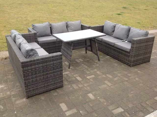 Fimous Dark Grey Rattan Garden Lounge Sofa Set with Oblong Tempered Glass Dining Table