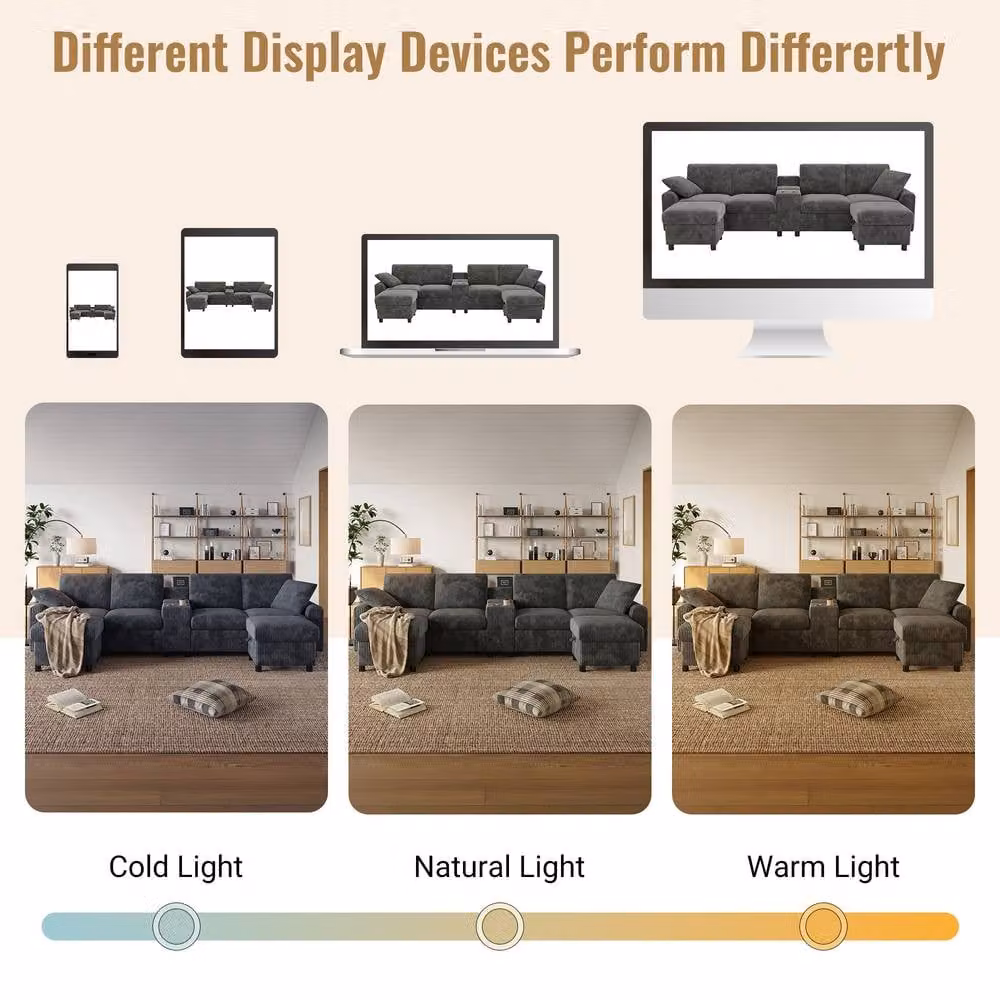 BTM U-Shaped Sectional Ottoman Storage Sofa in Grey with USB Charging Ports and Cup Holders – 5