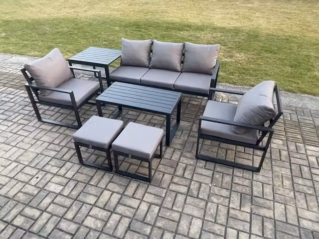 Fimous 7 Seater Aluminium Outdoor Furniture Set in Dark Grey with 3 Seater Sofa, Coffee Table, 2 Armchairs, 2 Footstools and Side Table
