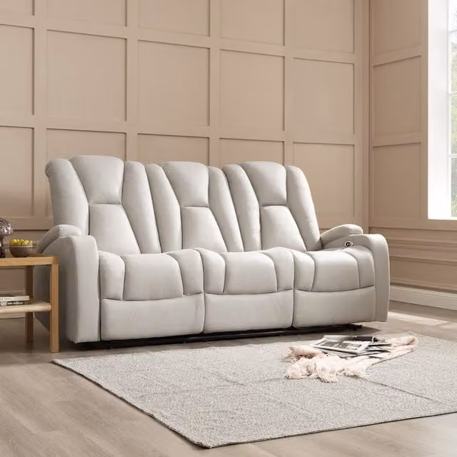 Lynn 3 Seater Electric Recliner Sofa in Light Grey Air Leather and Fabric with Cup Holders and Sleeping Function