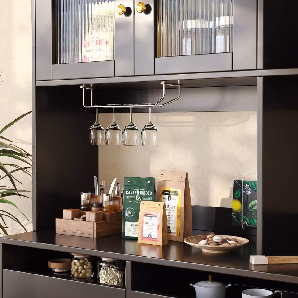 Rolipo Black and Gold Modern High Sideboard with Fluted Glass Doors and Wine Rack – 2