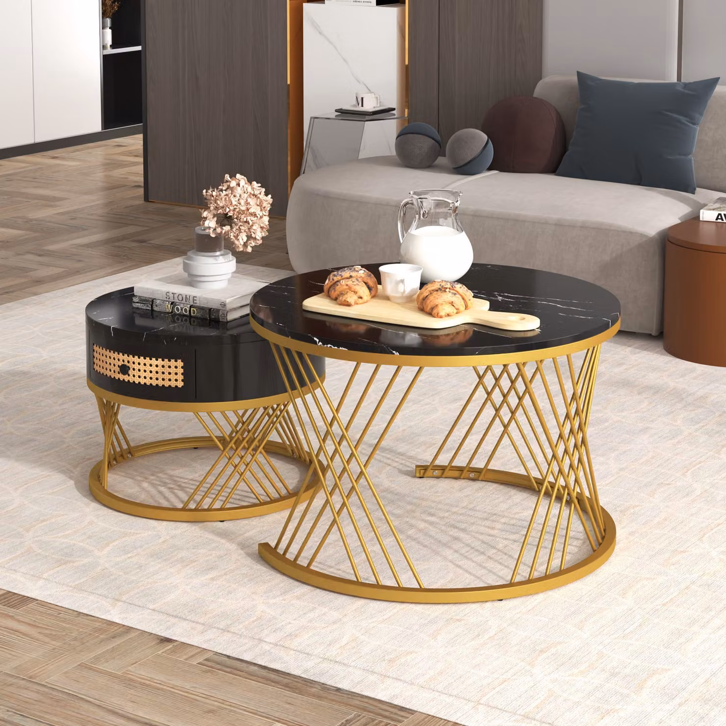 Aosom.UK 2-in-1 Nesting Coffee Table with Marble Grain Veneer Top and Rattan Drawers, Black and Gold, W/D/H: 70 x 70 x 45.5 cm – 3