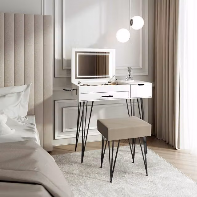 CARME Modern Hollywood LED Dressing Table with Folding Top and Stool Set in White and Black