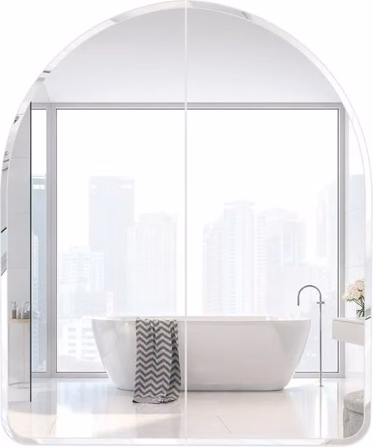 KEEPREAPER White Arched Bathroom Mirror Cabinet with 2 Hinged Glass Doors and 3 Internal Shelves, W: 60 cm, H: 70 cm – 1