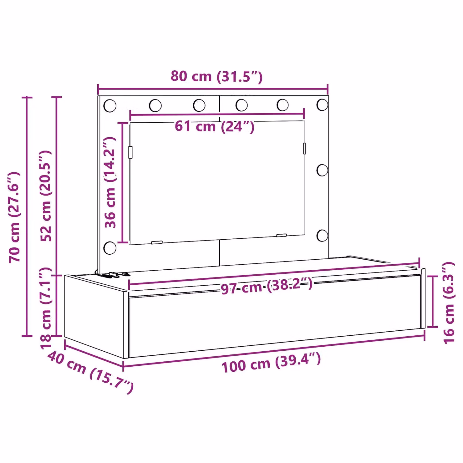Berkfield Home Wall-Mounted Dressing Table with LED Lights in Black Oak, W/D/H: 100 x 70 x 40 cm – 6