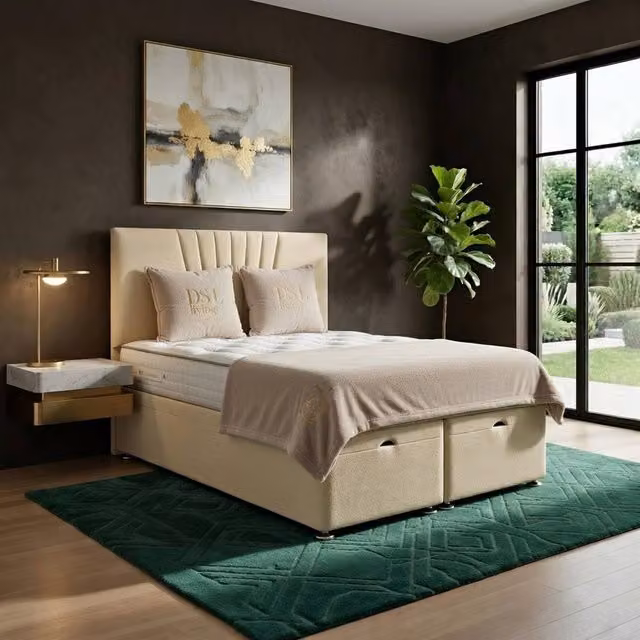 DS Living Vesper Cream Velvet Upholstered Ottoman Bed, W/D/H: 200 x 200 cm