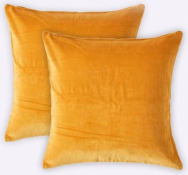 Homescapes Set of 2 Yellow Cotton Velvet Square Cushion Covers, W/D/H: 40 x 40 x 40 cm