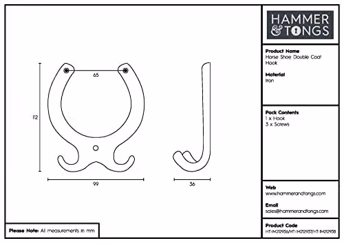 Hammer & Tongs Horse Shoe Double Coat Hook, Black, Pack of 5, W: 10.0 cm, H: 11.0 cm – 5