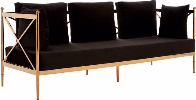 Fifty Five South Novo 3 Seater Black Velvet Sofa with Rose Gold Metal Frame and Scatter Cushions