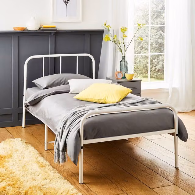 House Of Home Minimalist Metal Bed Frame in White, 90 x 190 cm