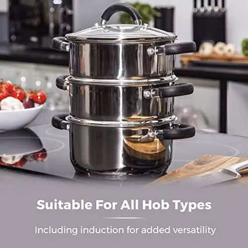 Tower T80836 3-Tier Stainless Steel Steamer with Tempered Glass Lid and Encapsulated Base, Silver – 5