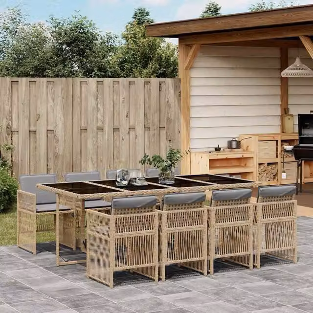 Berkfield Modern Polyrattan Garden Dining Set in Beige, Black and Grey with Glass Top