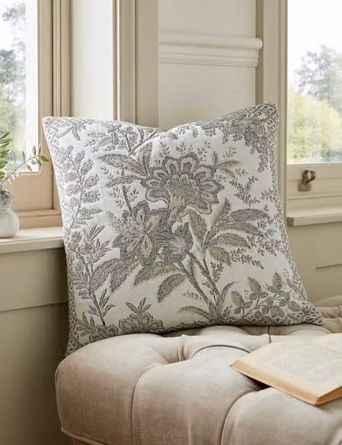 Laura Ashley Marlbrook Floral Jacquard Cotton Cushion in Grey Mix