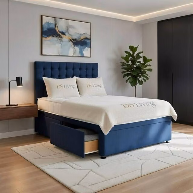 DS Living Casia Modern Upholstered Velvet Drawer Bed in Blue, W/D/H: 200 x 200 cm – 1
