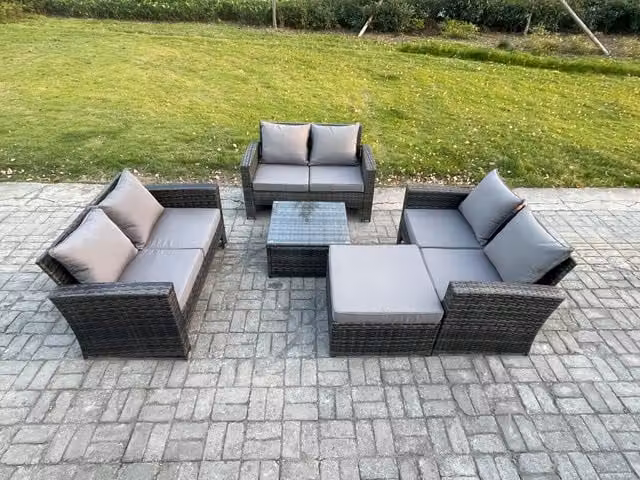 Fimous 7 Seater Rattan Wicker Garden Furniture Set in Dark Grey with Square Coffee Table, Double Sofa and Large Footstool