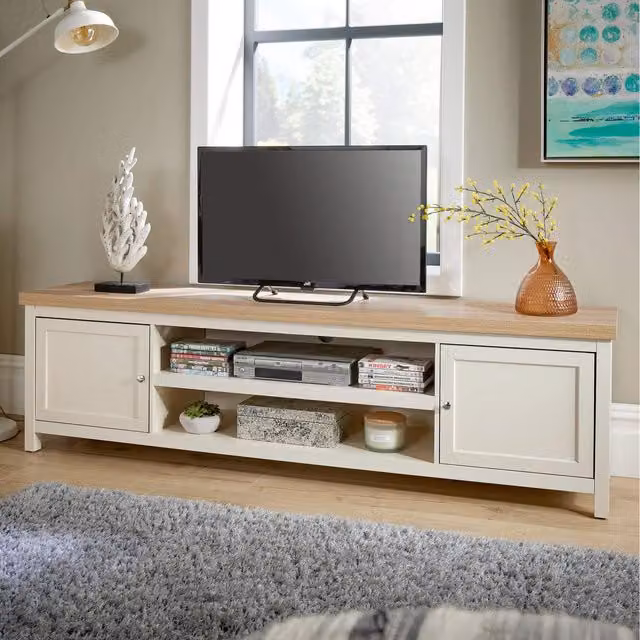 Home Source Avon 2 Door Large TV Stand Storage Unit with 36mm Oak Effect Top in Off White and Grey
